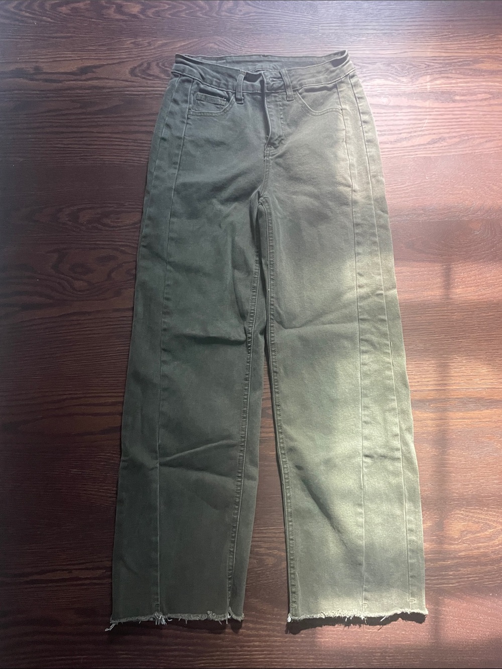 High-Rise Olive Green Wide-Leg Jeans with Raw Hem